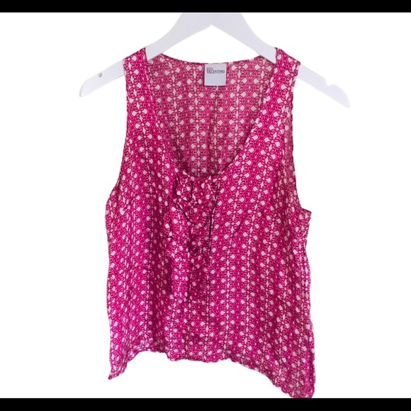 RED VALENTINO Geo Print Ruffle Front Blouse/Tank W Scoop Neck Raspberry Pink 6 - Picture 5 of 11